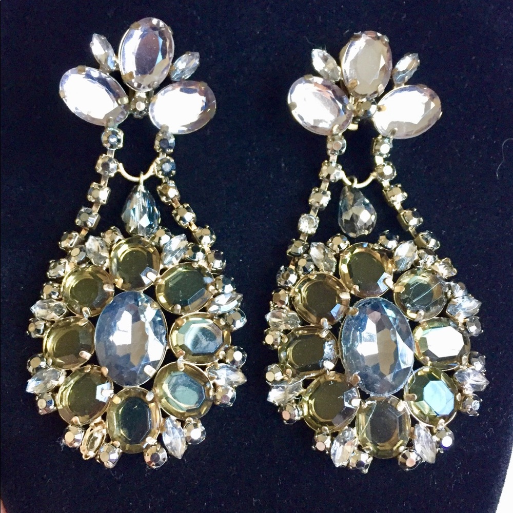 Lg Faux Clear & Light Topaz Crystal Clip Earrings
